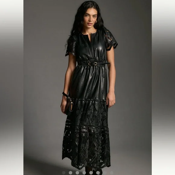 Anthropologie Somerset Black Faux Leather and Lace Maxi Dress - Picture 1 of 11